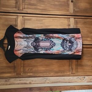 London Times black and geometric print fitted dress. Size 16